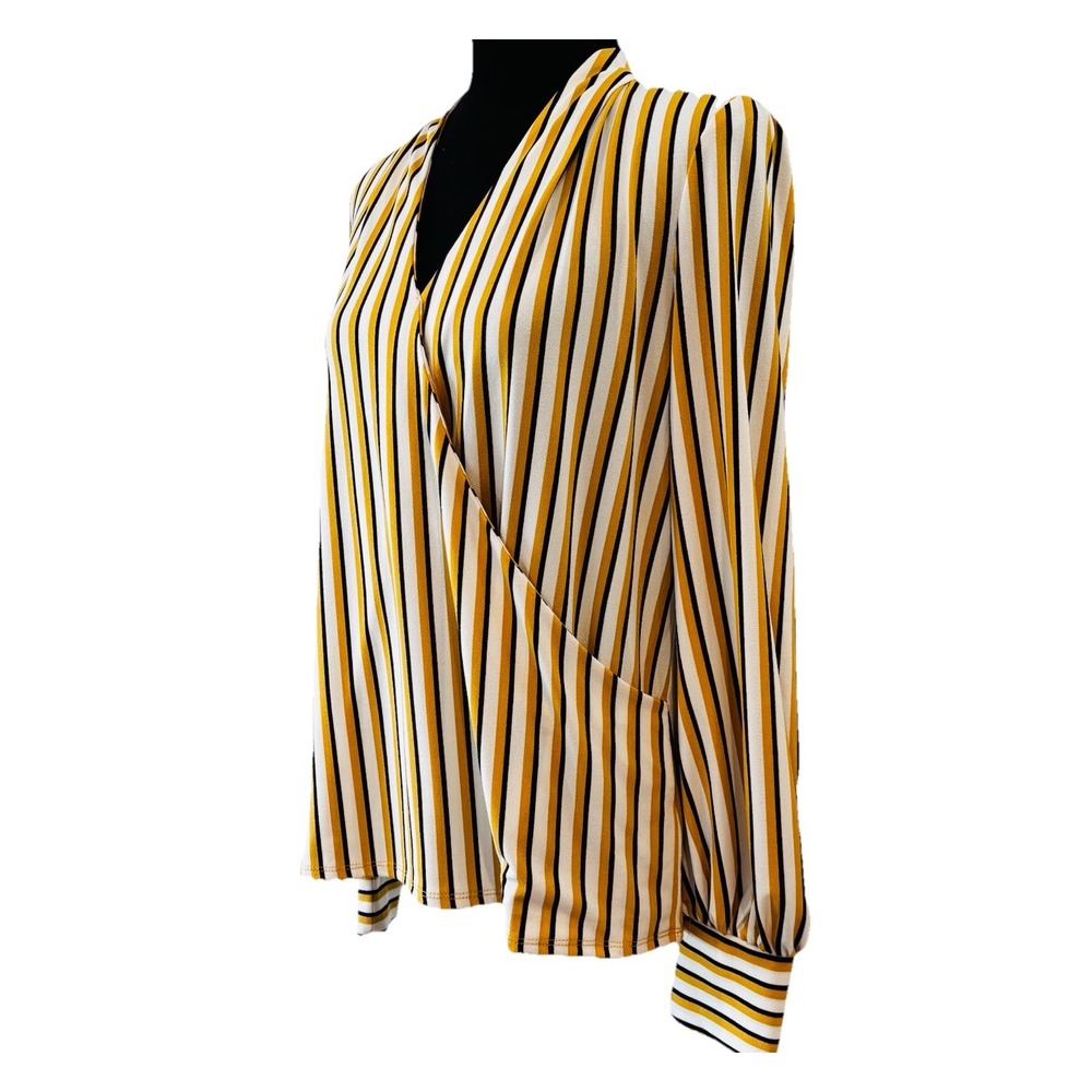Adrianna Papell Striped Wrap Blouse Gold Black Vanderbilt Size Medium C20" L24"